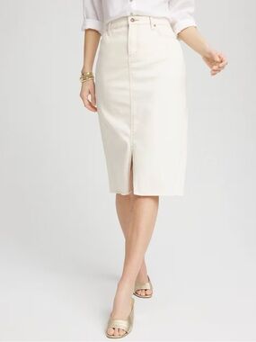 Chico’s Frayed High-Rise Midi Stretch Denim Skirt Sea Salt